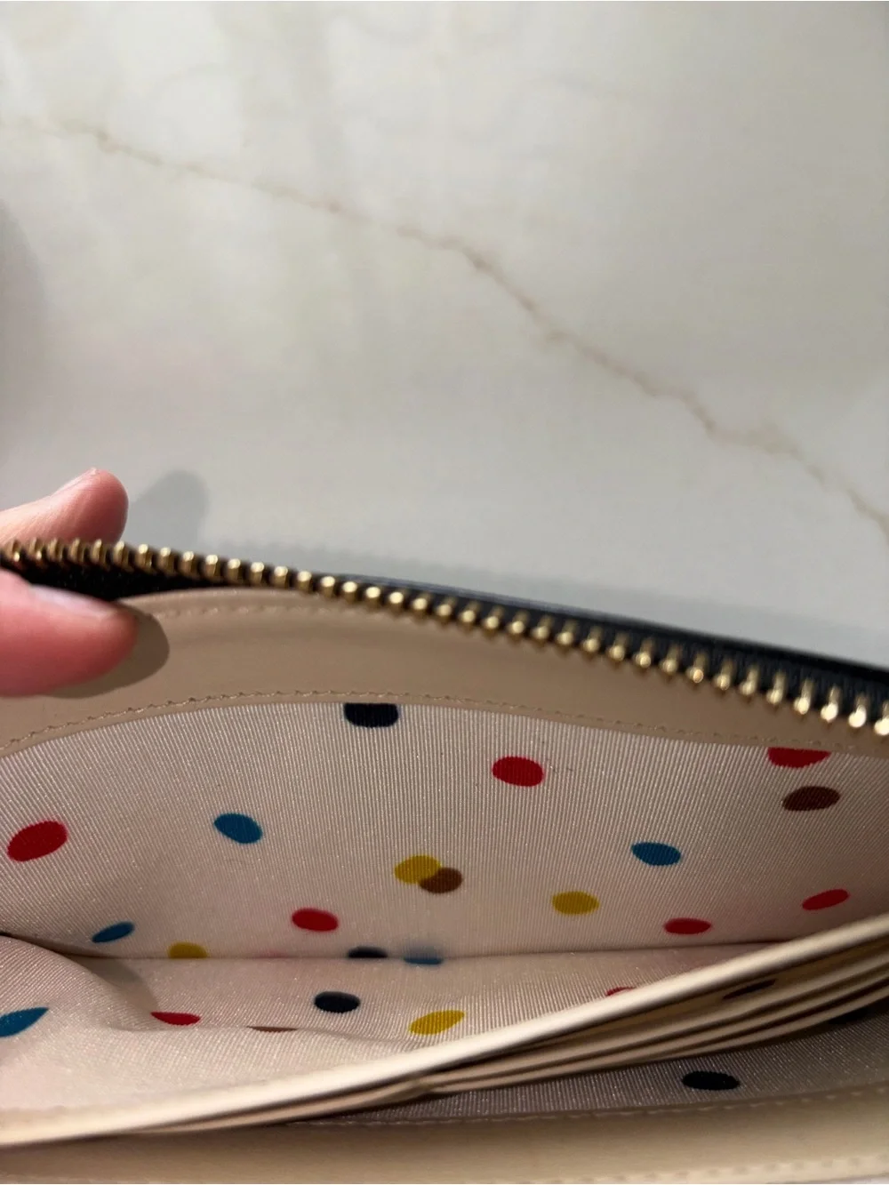 Kate Spade Madison black full zip wallet gold accents polka dot lining